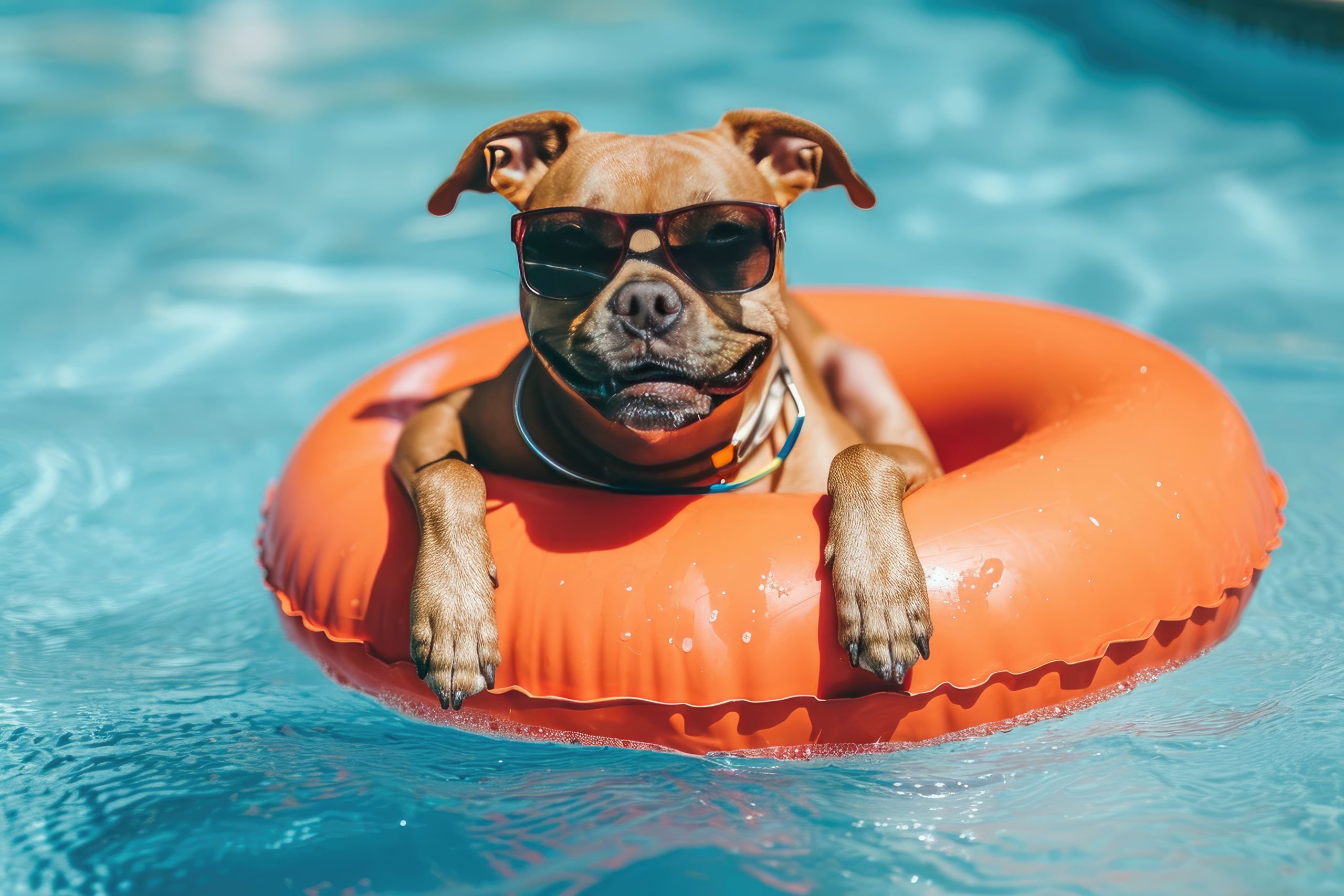 Introducing Puppy to Water : Puppy wearing sunglasses in a pool